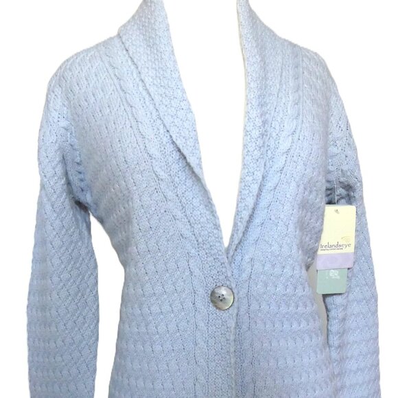Ireland's Eye Glangevlin 1 Button Lattice Weave Long Cardigan Sweater Ice Blue S